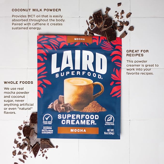 Laird Superfood Non-Dairy Coffee Creamer Mocha Shelf-Stable Superfood Non-Dairy Powder Creamer Gluten Free Non-GMO Vegan 16 oz. Bag Pack of 1