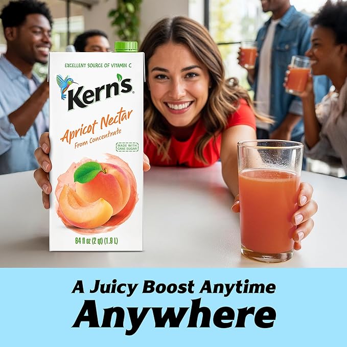Kern’s Apricot Nectar Juice - Made with Fresh Fruit Puree &amp Apricot Juice Concentrate for Smoothie Mix Cocktail Mixers Kids Drink &amp Beverages - 64oz 8 Pack Carton