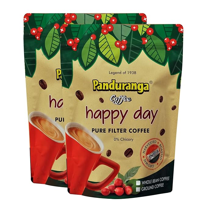 Panduranga Coffee Happy Day - 100% Pure Whole Coffee Beans 0% Chicory Premium South Indian Blend Freshly Harvested &amp Roasted 500g (pack of 1) (Whole Bean)