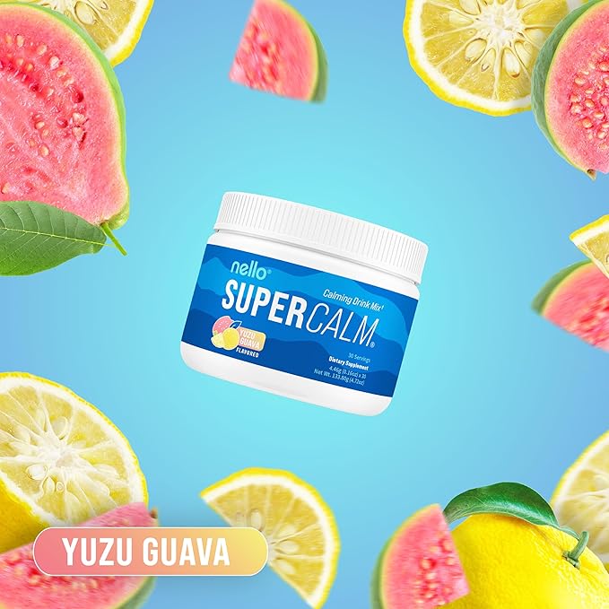 Nello Supercalm Powdered Drink Mix Yuzu Guava L Theanine Ksm-66 Ashwagandha Magnesium Glycinate Vitamin D 3 Supplements for Relaxation &amp Focus No Sugar Non GMO On The Go 30 Srvgs