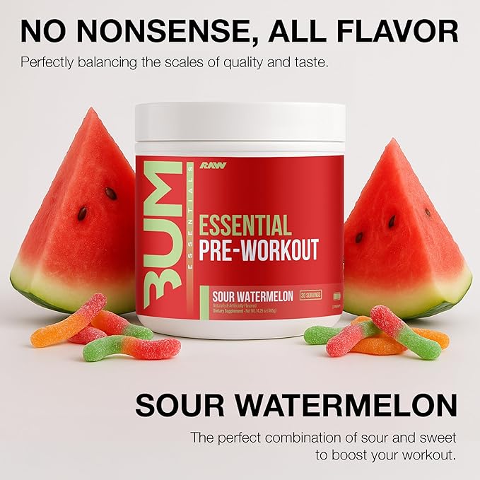 RAW Essential Pre-Workout Powder (Sour Watermelon) - Chris Bumstead Sports Nutrition Supplement for Men &amp Women - Preworkout Energy Powder with Caffeine L-Citrulline L-Tyrosine &amp Beta Alani