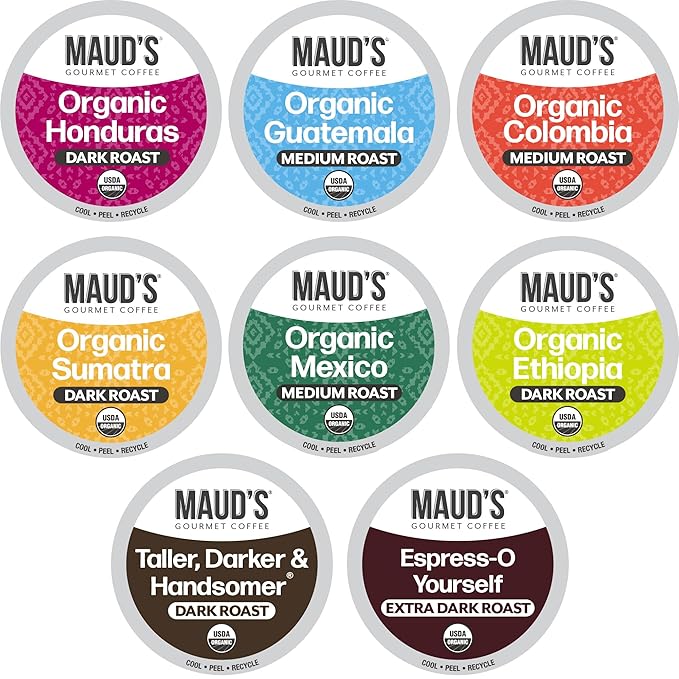 Maud's Organic Coffee Pods Variety Pack 56 ct 8 Assorted Flavors Single Serve Pods – 100% Arabica Coffee Compatible with Keurig K Cups Maker