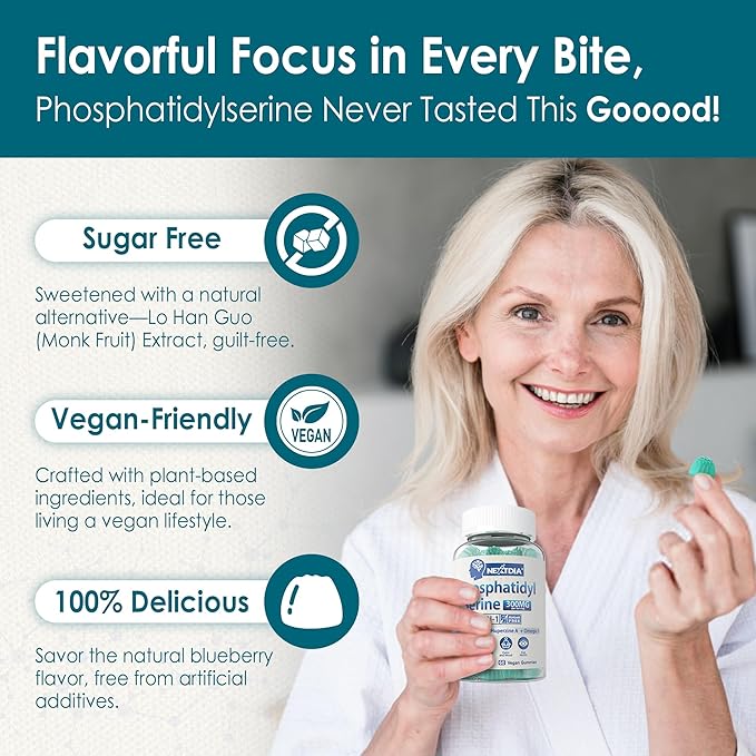 Phosphatidylserine - Nootropic Brian Supplement Focus &amp Energy Gummies+ Bacopa Monnieri Omega 3 Huperzine A Methyl B12 &amp B6 for Seniors Gamers Workers Non-GMO Caffeine-Free Sugar Free