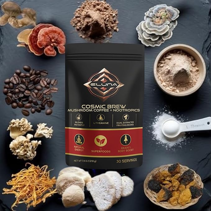 Eluna Mushroom Coffee – 7 Mushroom Blend with L-Theanine – Smooth Creamy Taste Calm Energy – Low Caffeine – 30 Servings