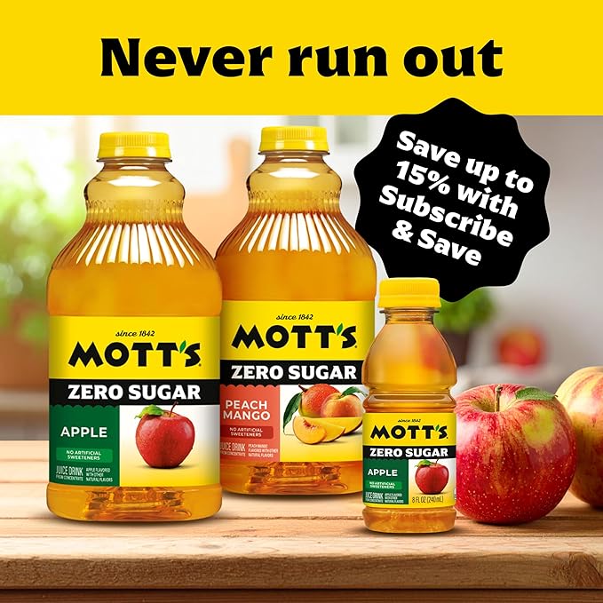 Mott's Zero Sugar Apple Juice Drink 64 fl oz Bottle (Pack of 8) Apple Flavor Excellent Source of Vitamin C