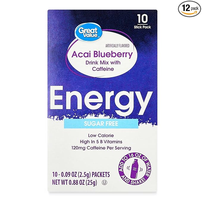 Sugar Free Low Calorie ENERGY Acai Blueberry Drink Mix (Pack of 12)