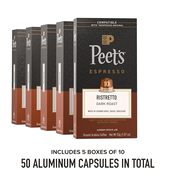 Peet's Coffee Dark Roast Espresso Capsules Compatible with Nespresso Original Machine 100% Arabica Coffee - Ristretto Intensity 10 50 Count (5 Boxes of 10 Espresso Capsules)
