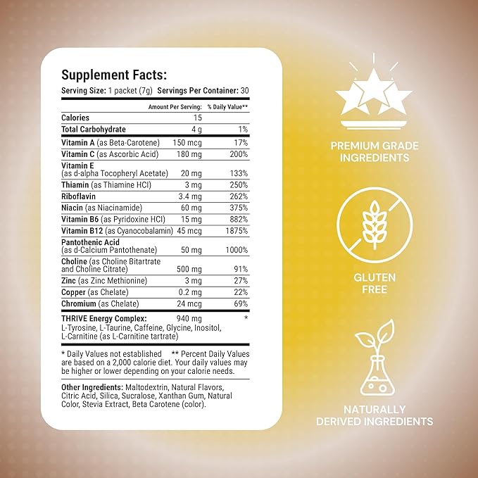 Thrive Activate - Focus &amp Energy Drink Powder Mix with Real Flavor 30 Packets- Enhanced Energy Performance Vitamin C Vitamin E B12 for Mental Clarity (30 Packet Coconut Pinneapple)