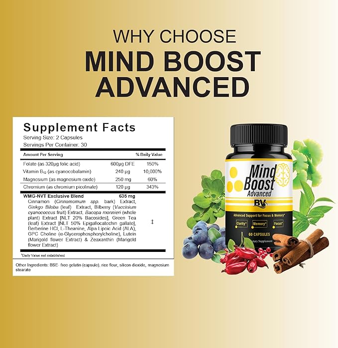 BLUE VIBE Mind Boost Premium Health &amp Wellness Nootropic Supplement MindBoost Advanced All Natural Health Management &amp Overall Wellness Support Supplement Formula Pills (2 Pack - 120 Capsules