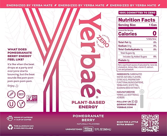 Yerbaé Energy Seltzer - Pomegranate Berry No Sugar/Calories/Carbs. Energized by Yerba Mate Naturally Caffeinated Plant-Based Healthy Alternative to Coffee Sugary Sodas Pack of 12 12oz cans