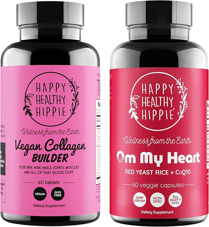 Happy Healthy Hippie Red Yeast Rice with CoQ10 Supplement &amp Vegan Collagen Builder w/Hyaluronic