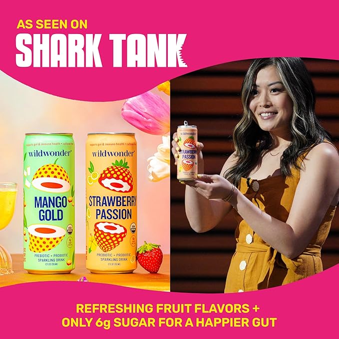 wildwonder Sparkling Probiotic Drink 12pk For Gut Health &amp Immune Support Tropical Vibes Variety 5g Prebiotic Fiber Live Probiotics Organic Vegan Low Sugar 12Pack 12oz Can Seen on Shark