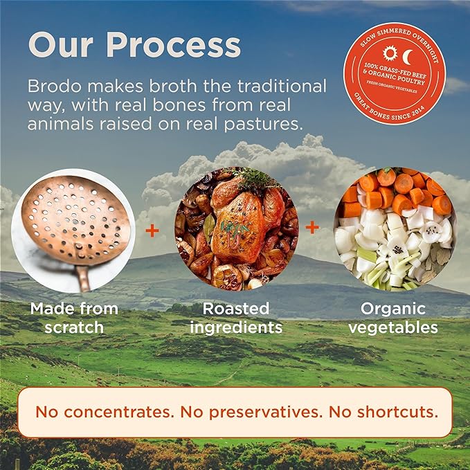 Brodo Organic Chicken Bone Broth Protein-Rich Bone Broth with Collagen Nourishing Chicken Broth Low Sodium for Sipping and Cooking Slow-Simmered for Deep Flavor (4x 25 oz. Pouches)