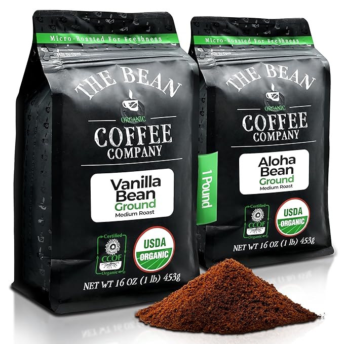 The Bean Organic Coffee Company Aloha Bean (Hawaiian Hazelnut) and Vanilla Bean Medium Roast Ground Coffee 16-Ounce BagCafé molido tostado organico