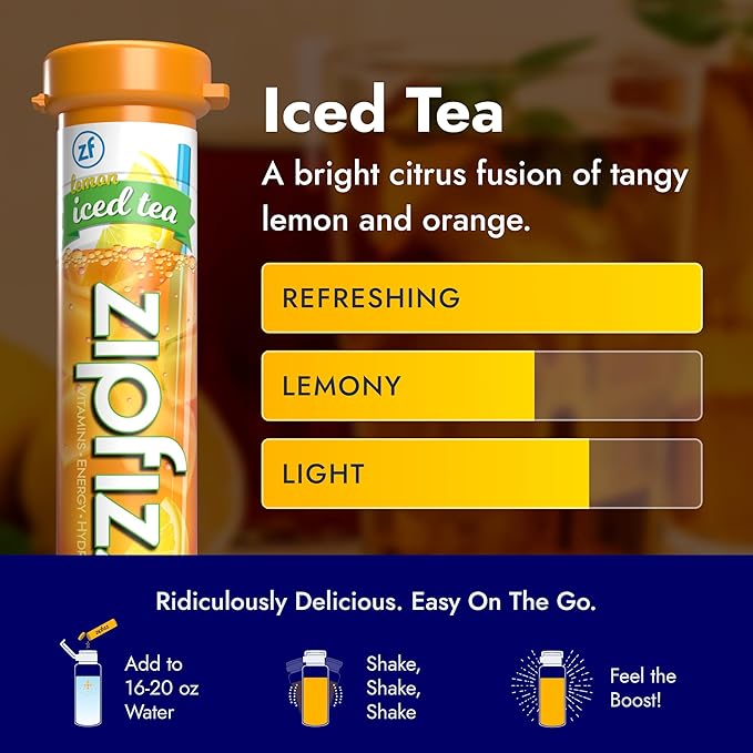 Zipfizz Daily Energy Drink Powder Lemon Iced Tea 20 Pack | 3-in-1 Sustained Energy Rapid Hydration and Essential Vitamins | Sugar-Free | Electrolyte Powder | Contains Vitamin B-12 &amp Antioxidan