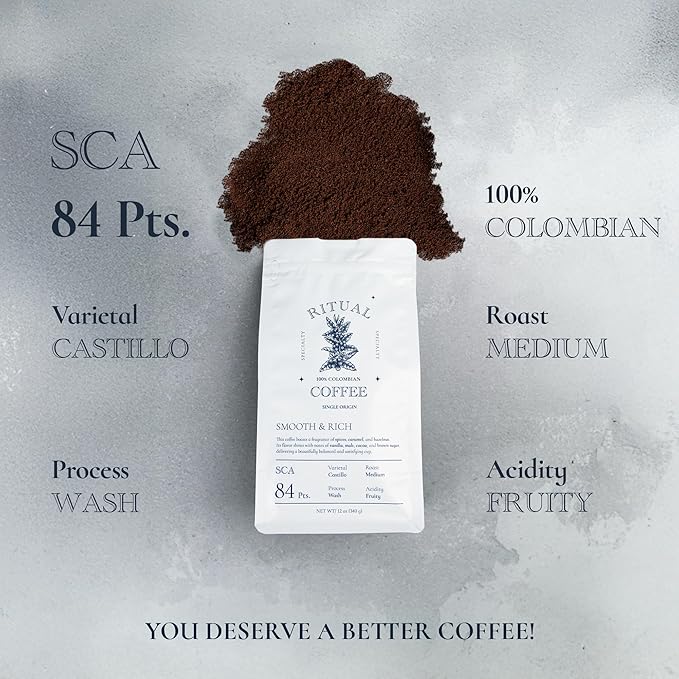 Ritual Specialty Coffee - Colombian Single Origin Ground Coffee Low Acid Smooth &amp Rich SCA 84+ Score (Caramel Vanilla Cocoa) Medium Roast 12oz (340g) 100% Arabica Castillo Variety