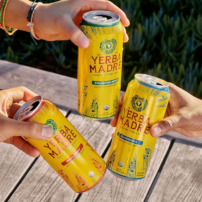 Yerba Madre Organic Yerba Mate Bluephoria 150mg Natural Caffeine Energy Drink Alternative No Jitters or Crash 15.5 Oz Cans (Pack of 12)