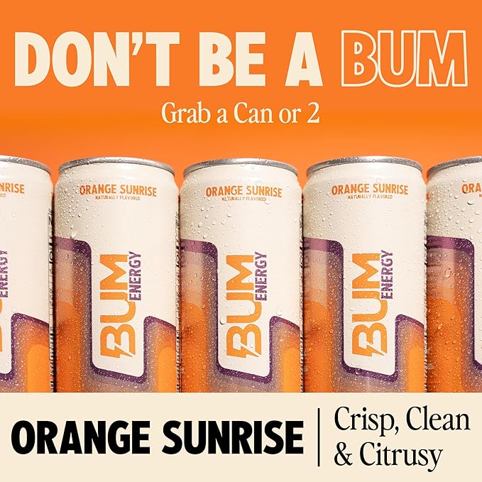 BUM Sugar-Free Energy Drink Orange Sunrise - Lightly Carbonated &amp No Artificial Colors Natural Caffeine &amp Citicoline for Energy &amp Focus Brain Boost &amp Workout Sports Beverage - 12 oz