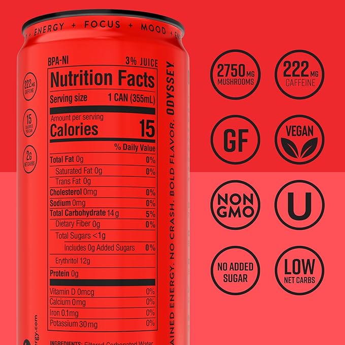 Odyssey Elixir - Odyssey 222 - Sparkling Energy Drink - 222 mg of Caffeine - Lion's Mane &amp Cordyceps - Energy &amp Focus - Endurance &amp Stamina - Nootropic - Pre Workout - Strawberry Watermelo