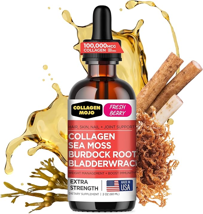 Collagen Mojo Liquid Collagen Peptides with Sea Moss Burdock Root &amp Bladderwrack + Liquid Collagen Peptides with Ashwagandha Elderberry &amp L-Theanine