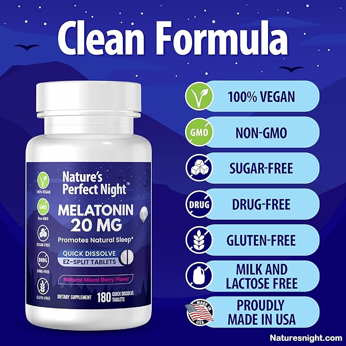 Nature's Perfect Night Bundle | Melatonin 20mg | Kids Melatonin 1mg | 180 Count | 100 Count | Sugar Free | Gluten Free | Non-GMO | Vegan