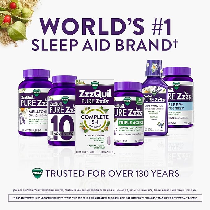 ZzzQuil Pure Zzzs Complete SleepMelatonin 10mgL-TheanineGABAwith Ashwagandhaand MagnesiumMelatonin Sleep Aid100 Count (Pack of 2)