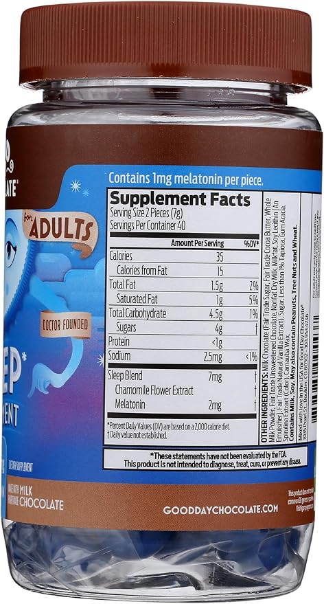 Good Day Chocolate Melatonin for Adults [ 80 Count ] - Fair Trade Non-GMO Chocolate with Chamomile and Melatonin 1 mg - Adult Melatonin Adult Natural Sleep Aid Supplement