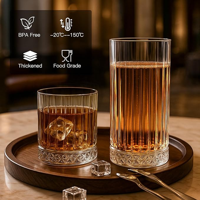 Ruckae Drinking Glasses Set of 815 oz and 7 oz Kitchen Water Glass Cups SetClear Ribbed Glassware Dishwasher SafeMixed Drinkware for BeerJuiceCocktailWhiskeyMilk and Various Mixed Drinks