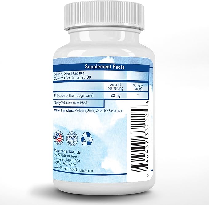 Purethentic Naturals Policosanol 20mg | Supports Cardiovascular &amp Cholesterol Health* | Free Radical &amp Antioxidant Protection* | from Pure Sugar Cane with No Unnecessary Fillers | 100 Veg Caps
