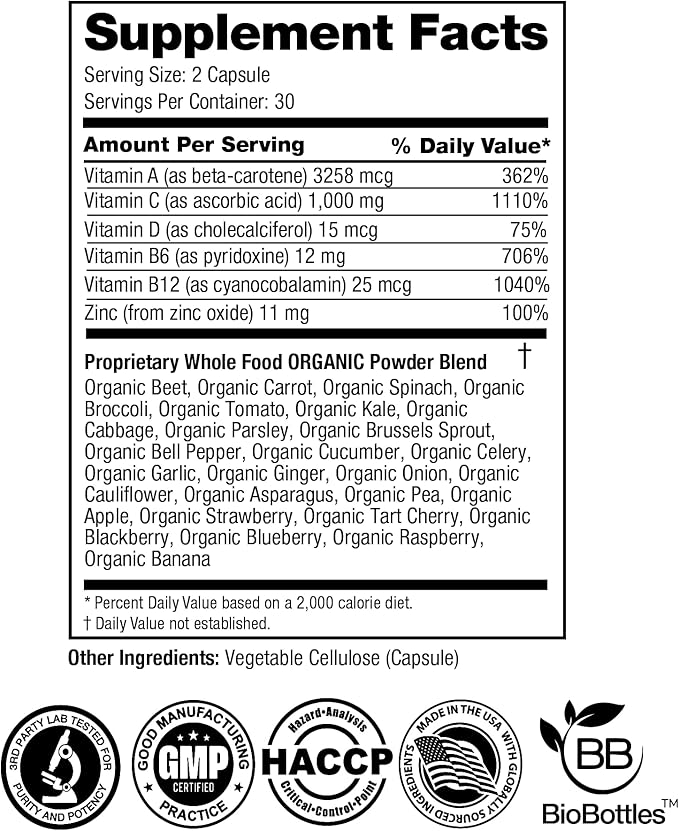 FeelGood Superfoods 1000mg Immune Support Capsules Made with 25 Organic Fruits and Vegetables Strong Immunity Boosters with Vitamins A C D3 and Zinc 60 Count