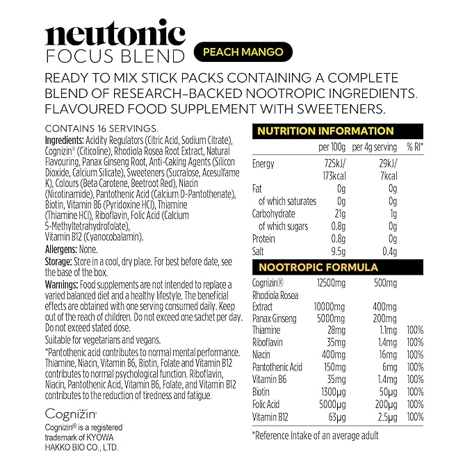 neutonic Nootropic Productivity Energy Drink &amp Focus Blend Powder Bundle | 12 Cans Wild Citrus &amp 16 Sticks Peach Mango | Zero Sugar | Support Memory Mental Clarity Cognitive Function