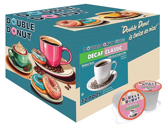 Double Donut Decaf Classic Roast Coffee pods Decaf Medium Roast Coffee Compatible with Keurig K Cups Brewers 72 Count