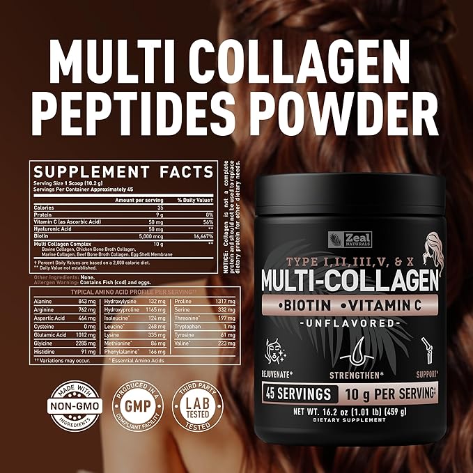 Premium Multi Collagen Peptides Powder (1 2 3 5 &amp 10) with Protein. Vitamin C Biotin Hyaluronic Acid for Hair Skin and Nails - Marine Bovine Chicken &amp Eggshell (Unflavored 45 Servings