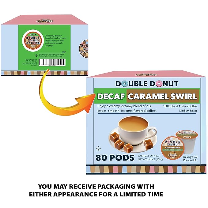 Caramel Swirl Medium Roast Flavored Decaf Coffee Pods for Keurig K Cups Makers from Double Donut 80 Capsules