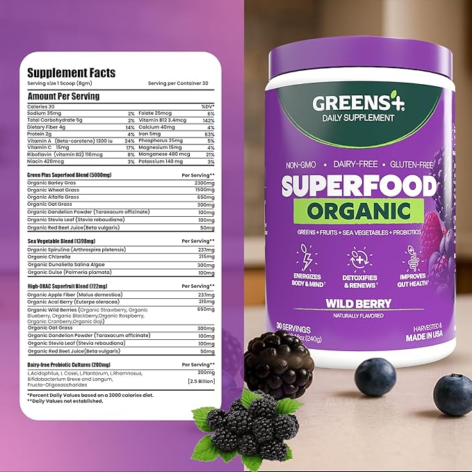Greens+ Organic Wild Berry Superfood Powder Antioxidant Polyphenol Blend for Morning Kick Energy Vitality Boost Nutrition Vibrant Health Dietary Supplement Vegan Soy/Dairy/Gluten Free(8.46oz)