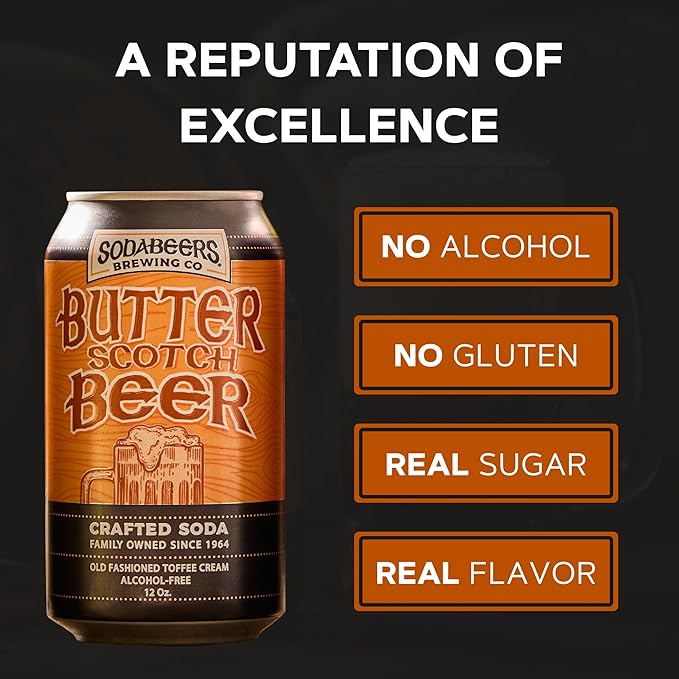 Butterscotch Beer | SodaBeers Brewing Co | Alcohol-Free Gluten-Free Crafted Sodas Made With Natural Flavors and Real Sugar Refreshing Fruit Beverages (12 Cans)