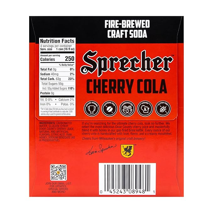 Sprecher Root Beer &amp Cherry Cola Craft Soda – Fire-Brewed with Real Honey Handcrafted Gourmet Beverages Caffeine-Free – 16 fl oz Cans (24 Pack Total)