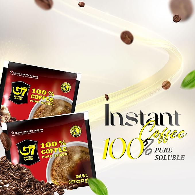 TRUNG NGUYEN G7 PURE BLACK Instant Coffee for Energy Boost - 100% Soluble Coffee Without Sugar - Strong Pure &amp Rich Vietnamese Instant Energy - Original Taste for Connoiseurs (200 Sachets/Bag)