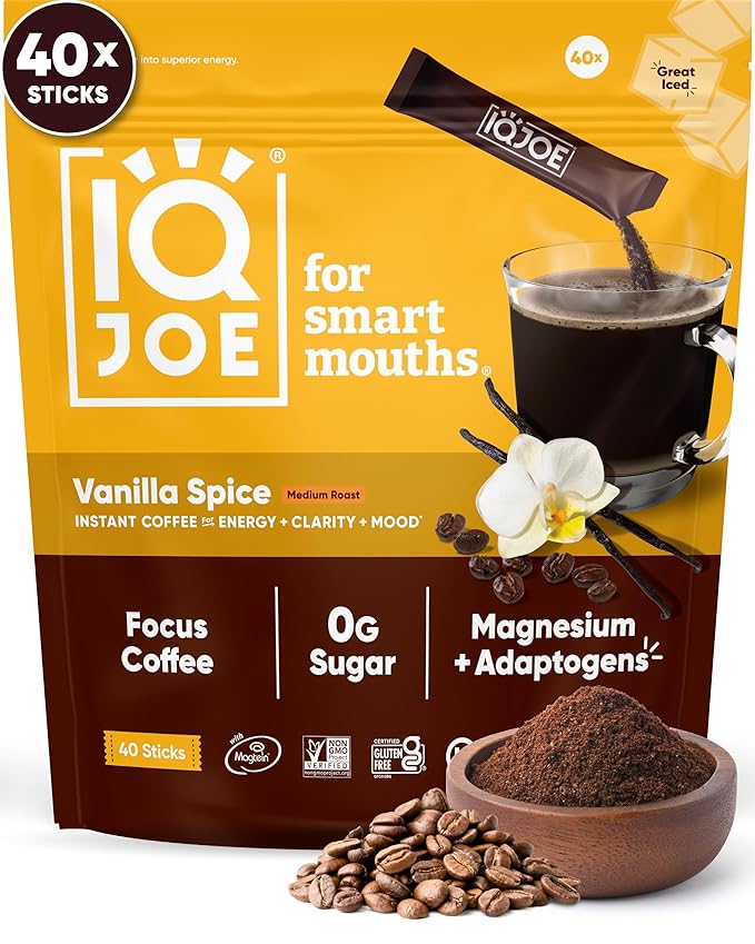 IQJOE Mushroom Coffee Packets (40 Servings) Lion’s Mane Magtein Magnesium Antioxidants Adaptogens - Vanilla Spice - Instant Coffee for Focus Clarity Mood Energy Boost - Sugar Free Keto Vegan
