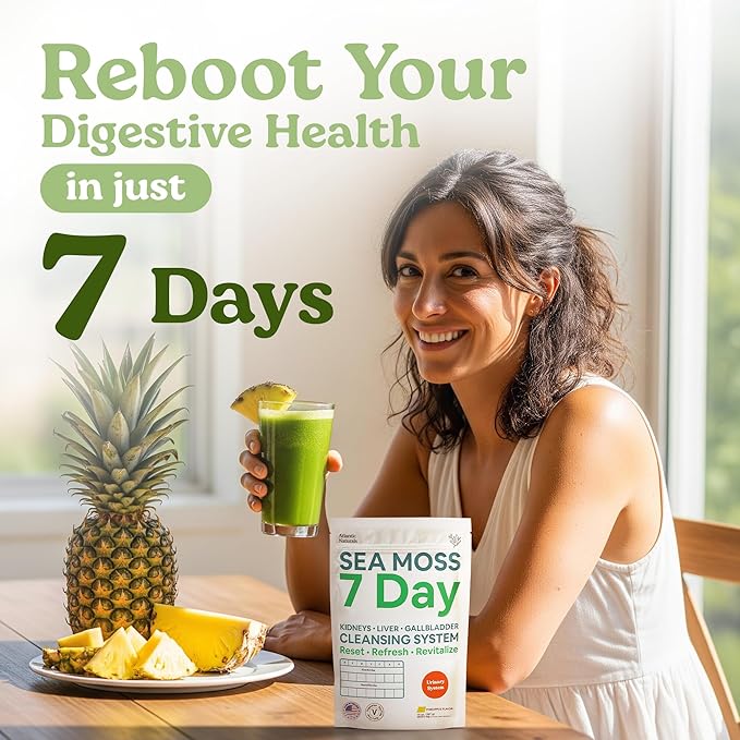 Atlantic Naturals Sea Moss 7 Day Detox Liver Gallbladder &amp Kidney Cleanse - Support with Dandelion Root Milk Thistle Burdock Root Red Clover Chanca Piedra - Pineapple Flavor Drink Mix (14 oz)