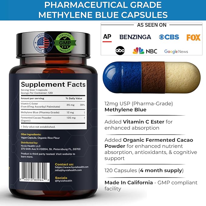 Methylene Blue Capsules - USP Pharmaceutical Grade Supplement For Humans - 120ct w/ Added Vitamin C For Enhanced Absorption - Helps Support Cognitive Energy Brain Fog &amp Mental Clarity | Made In