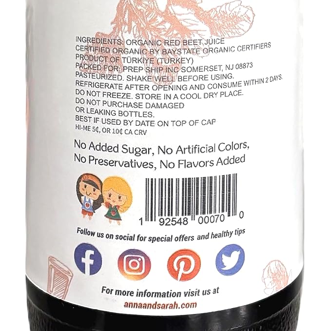 Anna and Sarah 33.8 Oz Organic Red Beet Juice - USDA Organic Certified - Glass Bottle (2 Pack) No Sugar No Artificial Colors No Preservatives No Flavors AddedNOT from CONCENTRATE