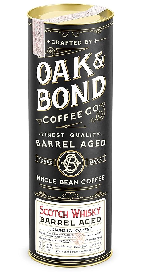 Scotch Whisky Barrel Aged Coffee Colombia Single Origin Washed Whole Coffee Bean Medium Roast w/Flavor Notes of Milk Chocolate Raspberry Honey Silky Scotch by Oak &amp Bond Coffee Co. – 10oz.