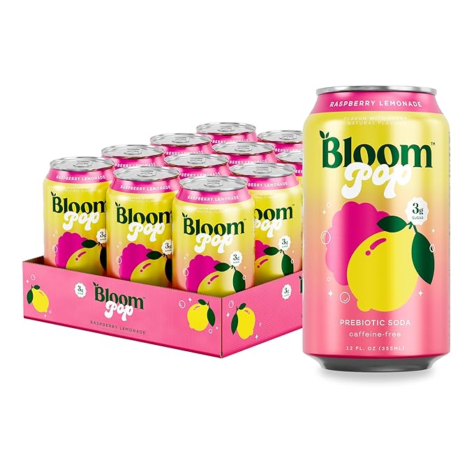 Bloom Pop Prebiotic Soda 12 Pack Raspberry Lemonade Flavor 12oz Cans | Prebiotic Soda for Gut Health Low Calorie Soda No Caffeine Healthy Soft Drink Alternative