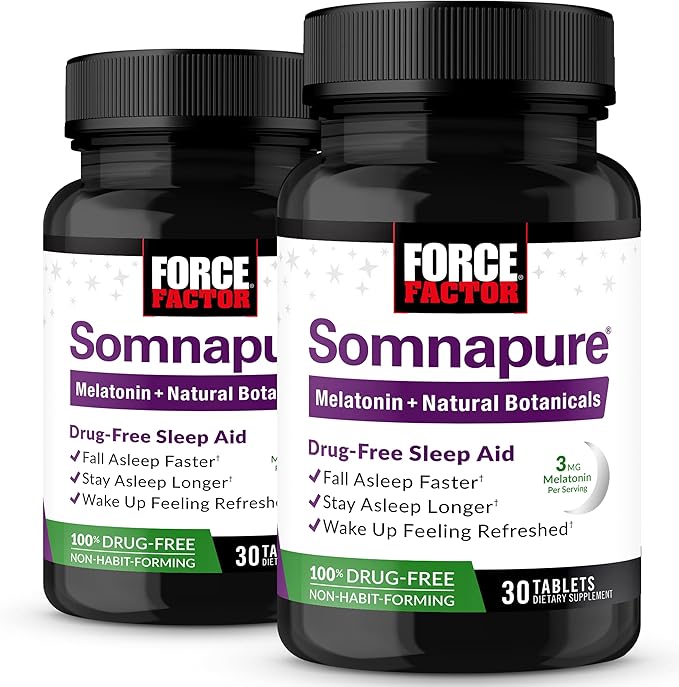 Force Factor Somnapure 2-Pack Drug-Free Sleep Aid for Adults with Melatonin Valerian Root and Lemon Balm Non-Habit-Forming Sleeping Pills Fall Asleep Faster Wake Up Refreshed 60 Tablets