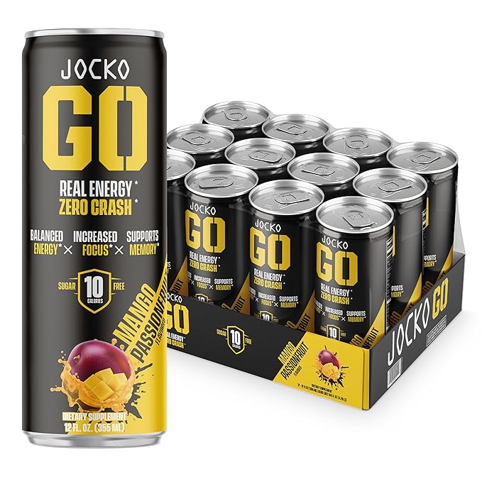 Jocko GO Energy Drink - Keto Vitamin B12 Vitamin B6 Electrolytes L Theanine Magnesium- Energy Boost Sugar Free Nootropic Monk Fruit Blend - 12 Pack (Mango Passionfruit)