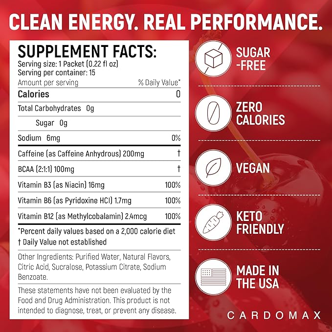 CardoMax - Energy Drink Packets - Liquid Preworkout for Men &amp Women Caffeine Packets with BCAA Vitamin B12 Vitamin B6 &amp B3 - Sugar-Free Zero Calorie Vegan &amp Keto - 15 Stick Packs - Bla