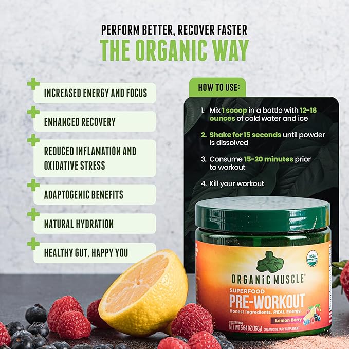 USDA Organic Pre-Workout Powder Lemon Berry | Clean Energy Without Jitters | Natural Performance Boost | No Artificial Sweeteners | 20 Superfoods | Low Caffeine 20 Servings