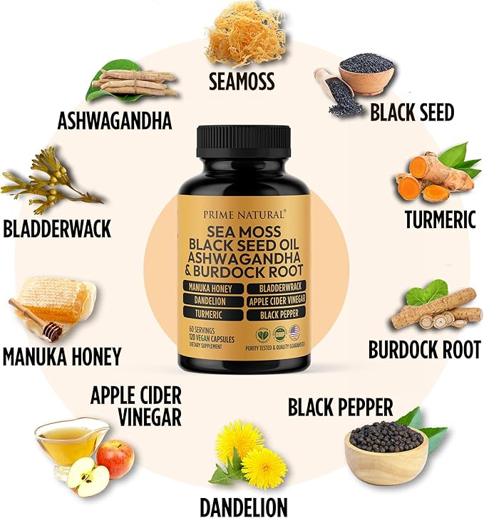 PRIME NATURAL Sea Moss 300mg Black Seed Oil 200mg Ashwagandha 100mg Turmeric Bladderwrack Burdock Manuka Honey Dandelion ACV - 120 Capsules | 60 Days Supply | Vegan