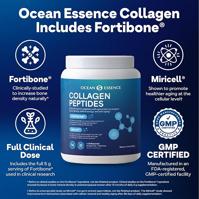OCEAN ESSENCE Collagen Peptides for Bone Health with Fortibone Vitamin K2 &amp Miricell – Bone Density Support Healthy Aging Easy-Dissolve Collagen Powder for Adults Unflavored Made in USA